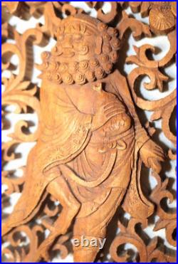 Vintage carved wood Balinese figural wall relief reticulated sculpture plaque