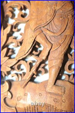 Vintage carved wood Balinese figural wall relief reticulated sculpture plaque