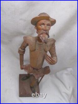 Vintage carved wood Don Quixote statue detailed wooden carving figure No lance