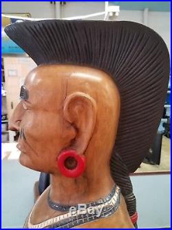 Vintage cigar store indian, american moehawk made from monkey pod wood