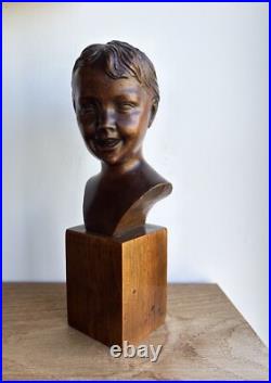 Vintage excellent sculpture wood bust girl, tabletop sculpture