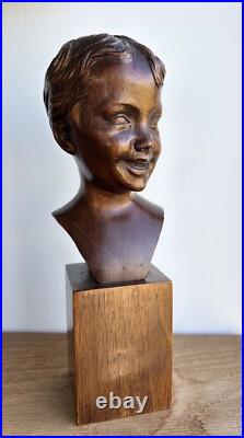 Vintage excellent sculpture wood bust girl, tabletop sculpture