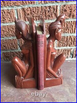 Vintage hand carved Bali Balinese wood figural male female bookends sculpture