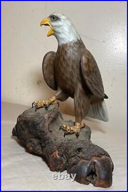 Vintage hand carved painted wood Folk Art bald eagle bird sculpture statue