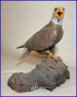 Vintage hand carved painted wood Folk Art bald eagle bird sculpture statue