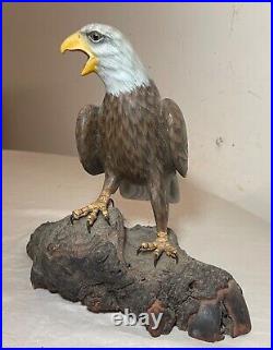 Vintage hand carved painted wood Folk Art bald eagle bird sculpture statue