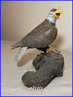 Vintage hand carved painted wood Folk Art bald eagle bird sculpture statue