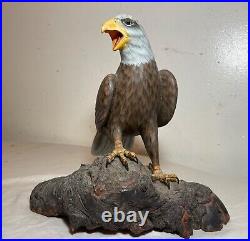 Vintage hand carved painted wood Folk Art bald eagle bird sculpture statue