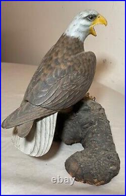 Vintage hand carved painted wood Folk Art bald eagle bird sculpture statue