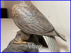 Vintage hand carved painted wood Folk Art bald eagle bird sculpture statue