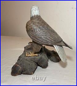 Vintage hand carved painted wood Folk Art bald eagle bird sculpture statue