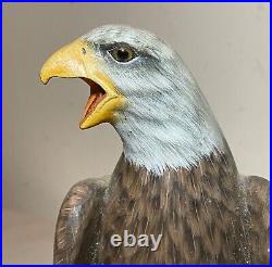 Vintage hand carved painted wood Folk Art bald eagle bird sculpture statue