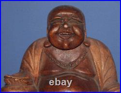 Vintage hand carved wood laughing Buddha Budai statuette