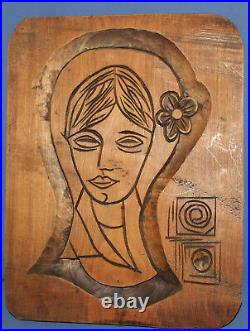 Vintage hand carved wood wall decor plaque girl portrait