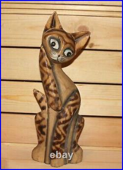 Vintage hand carving wood cat statuette