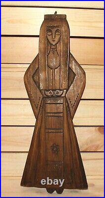Vintage hand carving wood wall hanging plaque girl with folk costumes