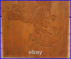 Vintage hand carving wood wall hanging plaque hawk catch bird