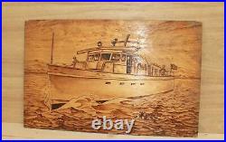 Vintage hand made pyrography wood wall hanging plaque seascape yacht signed
