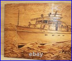 Vintage hand made pyrography wood wall hanging plaque seascape yacht signed