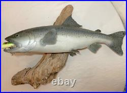 Vintage handmade EG carved wood silver wall fish mount trophy sculpture