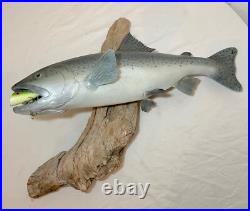 Vintage handmade EG carved wood silver wall fish mount trophy sculpture