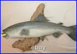 Vintage handmade EG carved wood silver wall fish mount trophy sculpture
