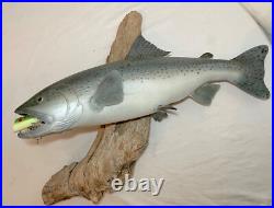 Vintage handmade EG carved wood silver wall fish mount trophy sculpture