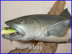 Vintage handmade EG carved wood silver wall fish mount trophy sculpture