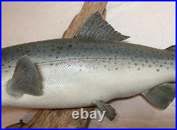 Vintage handmade EG carved wood silver wall fish mount trophy sculpture