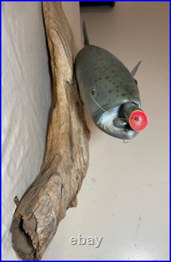 Vintage handmade EG carved wood silver wall fish mount trophy sculpture
