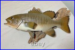 Vintage handmade EG carved wood smallmouth bass wall fish mount trophy sculpture