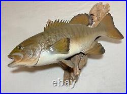 Vintage handmade EG carved wood smallmouth bass wall fish mount trophy sculpture