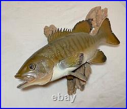 Vintage handmade EG carved wood smallmouth bass wall fish mount trophy sculpture