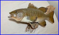 Vintage handmade EG carved wood smallmouth bass wall fish mount trophy sculpture