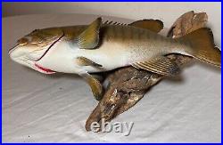 Vintage handmade EG carved wood smallmouth bass wall fish mount trophy sculpture