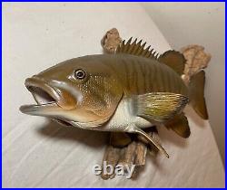 Vintage handmade EG carved wood smallmouth bass wall fish mount trophy sculpture