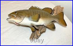 Vintage handmade EG carved wood smallmouth bass wall fish mount trophy sculpture