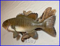 Vintage handmade EG carved wood smallmouth bass wall fish mount trophy sculpture