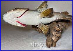 Vintage handmade EG carved wood smallmouth bass wall fish mount trophy sculpture