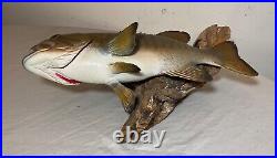 Vintage handmade EG carved wood smallmouth bass wall fish mount trophy sculpture