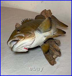 Vintage handmade EG carved wood smallmouth bass wall fish mount trophy sculpture