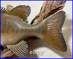 Vintage handmade EG carved wood smallmouth bass wall fish mount trophy sculpture