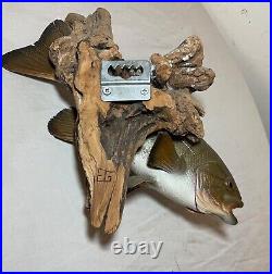 Vintage handmade EG carved wood smallmouth bass wall fish mount trophy sculpture