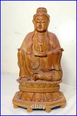 Vintage intricate hand carved wood Balinese Guanyin Buddha statue sculpture art