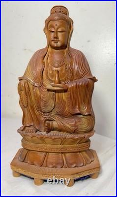 Vintage intricate hand carved wood Balinese Guanyin Buddha statue sculpture art