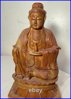Vintage intricate hand carved wood Balinese Guanyin Buddha statue sculpture art