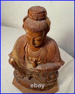 Vintage intricate hand carved wood Balinese Guanyin Buddha statue sculpture art