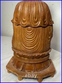 Vintage intricate hand carved wood Balinese Guanyin Buddha statue sculpture art