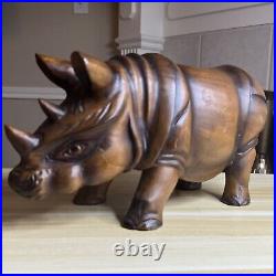 Vintage large Rhinoceros Rhino Wood Carving, Solid Sculpture Rhino Statue