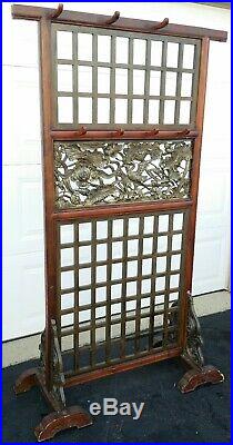Vintage room divider with hangers sculptural panels asian style birds lotus 69t
